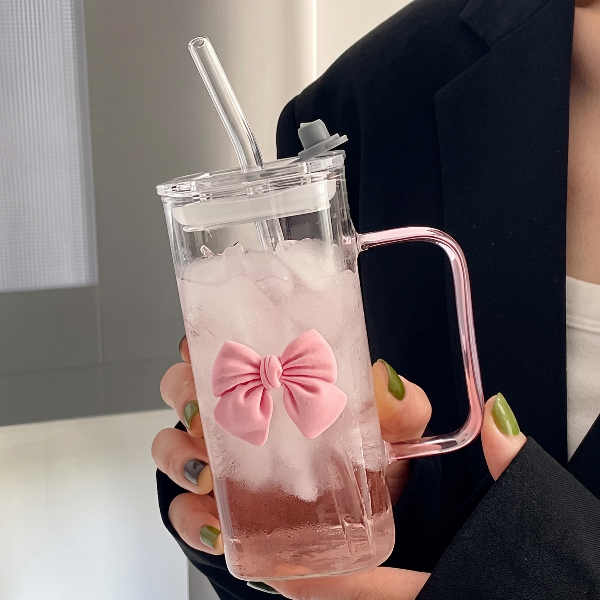 Square Glass Square Mug with Lid & Straw