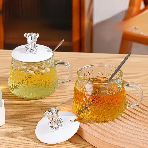 Bear Glass Cup With Lid & Spoon