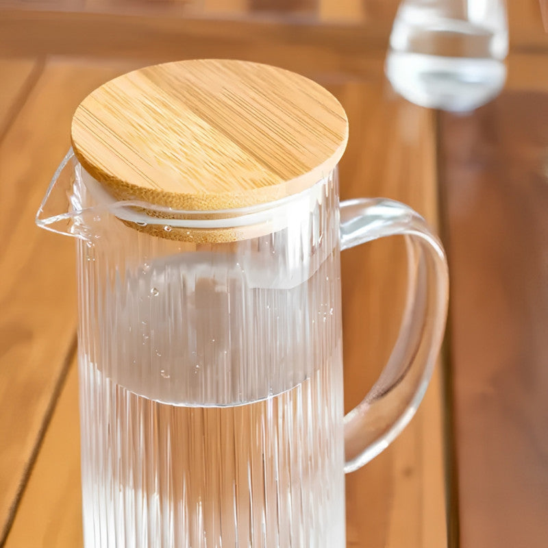 Elegant Ribbed Glass Jug With Wooden Lid  1.1L