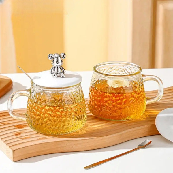 Bear Glass Cup With Lid & Spoon