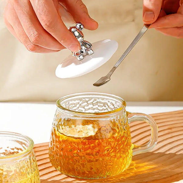 Bear Glass Cup With Lid & Spoon