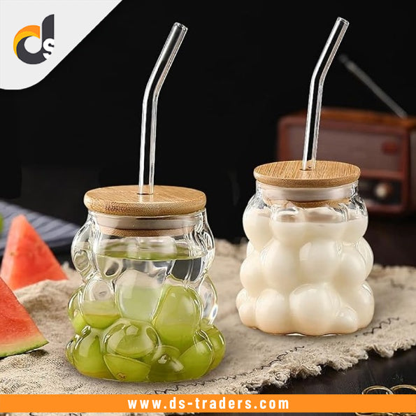 Bubble Glass Cup With Bamboo Lid & Straw