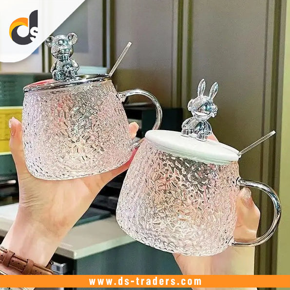 Bear Glass Cup With Lid & Spoon