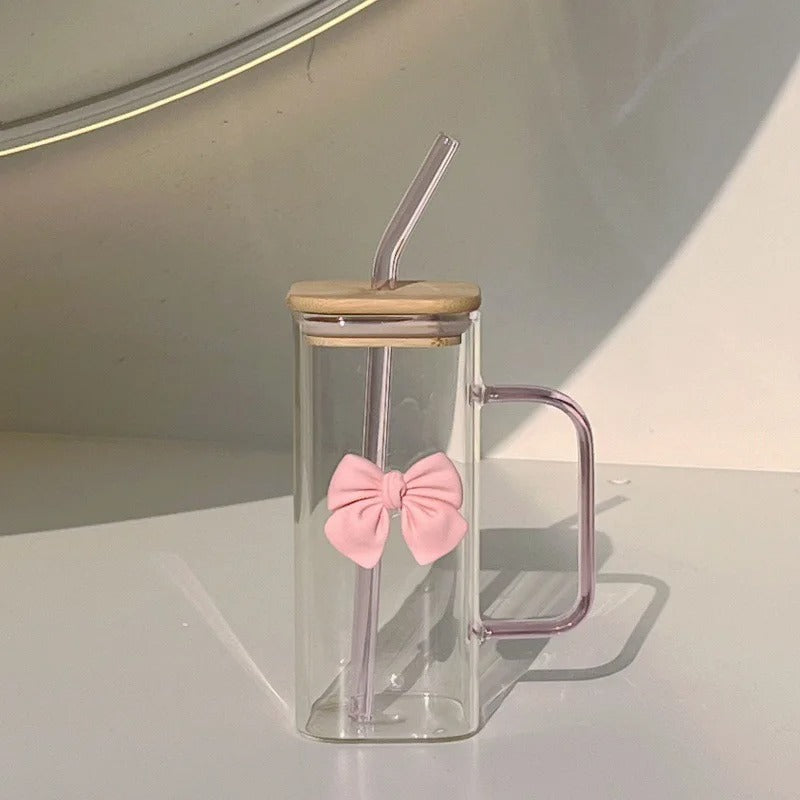 Square Glass Square Mug with Lid & Straw